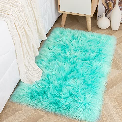 Yj.gwl Luxury Faux Sheepskin Fur Area Rug Soft Fluffy Rugs, Shag Plush Carpet Faux Fur Rug For Bedroom Floor Sofa Living Room, 2 X 3 Feet Rectangle Blue #TOP1