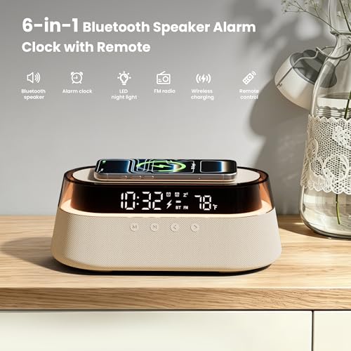 Image of 6-in-1 Bluetooth Speaker Alarm Clock with Remote, 15W Fast Wireless Charger, FM Radio & Dimmable LED Night Light, Dual Digital Clock for Bedroom Home Office, Ideal Gifts for Him, Men Women