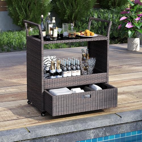 Image of Giantex Rolling Wicker Cart Rattan Bar Cart Outdoor Serving Cart Wicker Trolley Portable Kitchen Trolley Cart W /Shelves and Big Drawer for Dining Room, Restaurant, Party, Poolside Use