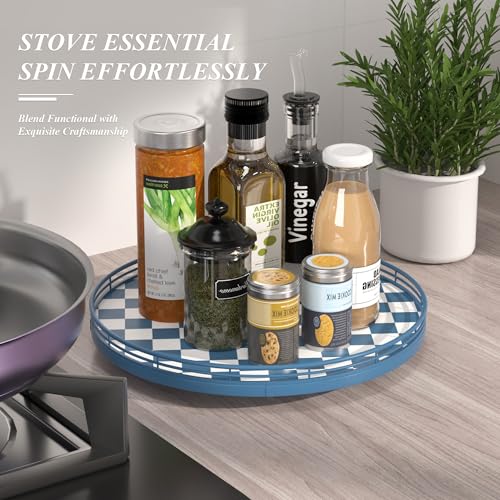 Image of Premium Rubber Wood Lazy Susan Turntable, Blue White Checkerboard Decorative Serving Tray, Hand-Welded Metal Railing, Stable Rotating Organizer for Dining Table, Kitchen Counter, Coffee Table Decor