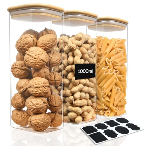 AOOTE Vorratsgläser Mit Deckel, Vorratsdosen Glas 3er Set, Vorratsdosen Mit Deckel & Vorratsetiketten, Müsli Aufbewahrungsgläser, Aufbewahrungsbox Küche für Alle Lebensmitte