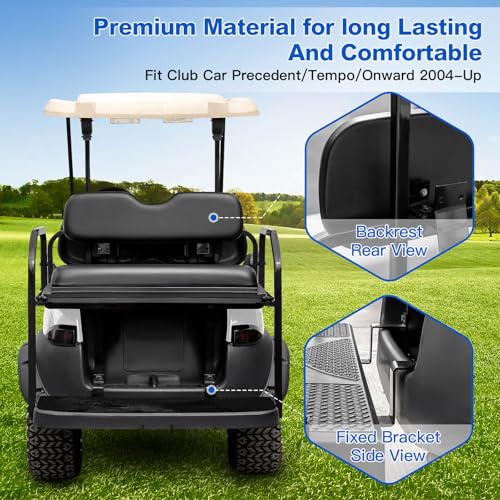 NOKINS Golf Cart Rear Seat Kit, Back Flip Seat for Club Car Precedent/Tempo/Onward 2004-Up, 1.25-Inch Square Steel Frame, Integrated Seat Belt Mounts, UV-Resistant, High-Density Foam Padding(Black)