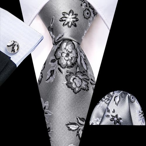Image of Barry.Wang Flower Ties for Men Handkerchief Cufflinks Set Wedding Necktie Set Party