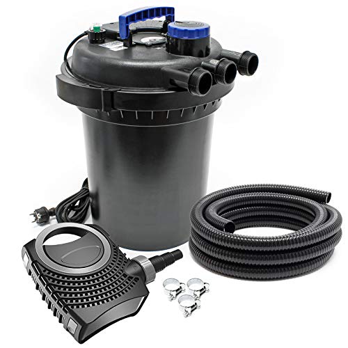 SunSun Kit complet: CPF-250 Filtre de bassin à pression jusqu’à 10000 L avec 11W lampe uv, NEO3800 SuperEco pompe de filtration 3600l/h 20W, 5m Tuyau 38 mm...