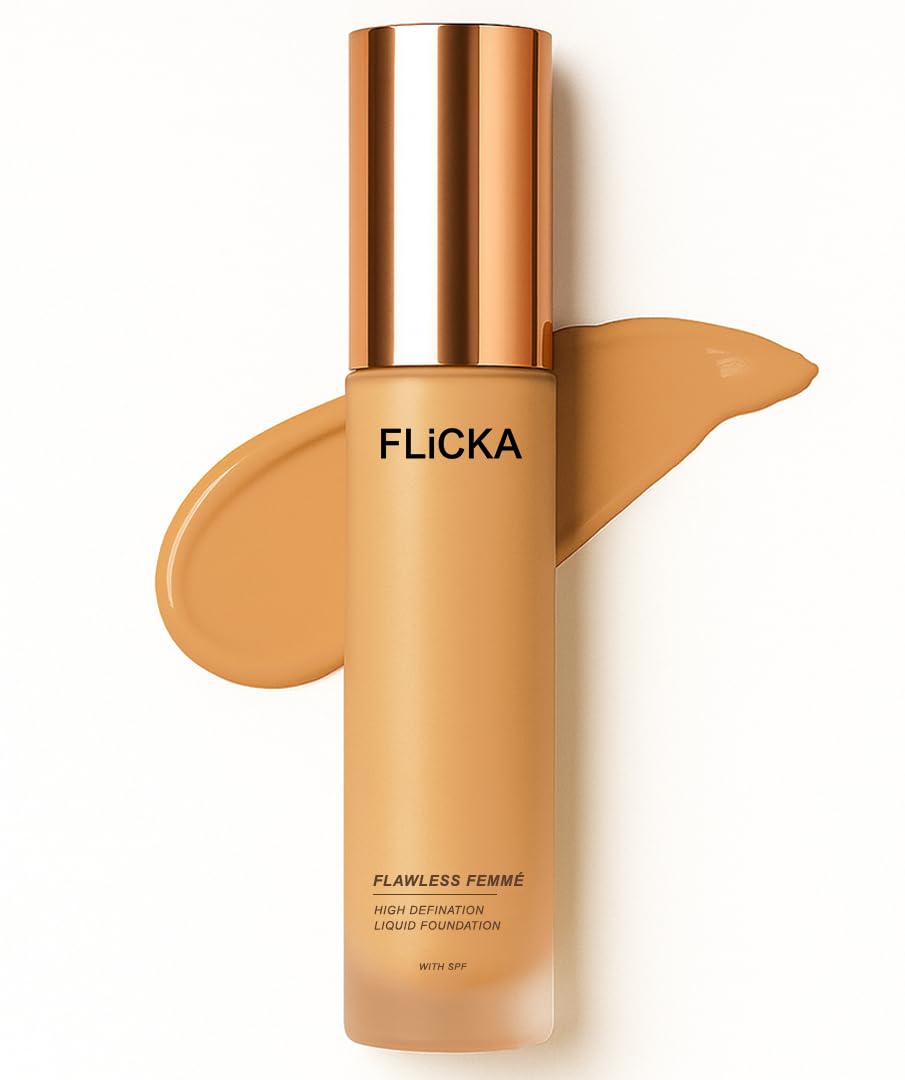 FLiCKA Flawless Femme Liquid Foundation for Face Makeup 30ml | Medium to High Coverage, Buildable | Natural, Waterproof & Moisturizing | All Skin Types | 08 Coffee