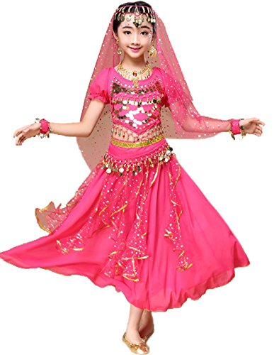 Astage Girl Belly Dance Sequin Indian Dance Costume Halloween Wear Hotpink M(9Y-11Y)