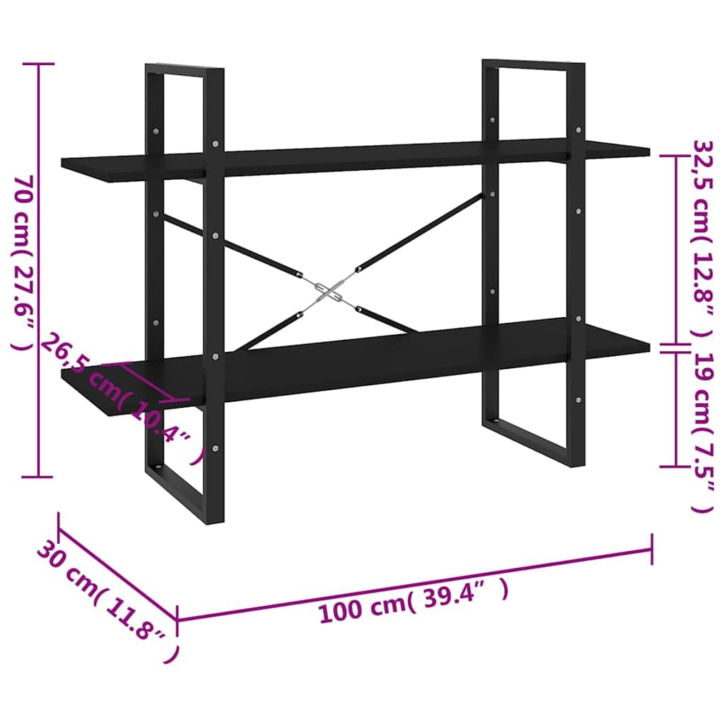 Libreria a 2 scomparti, colore nero, 100 x 30 x 70 cm, in legno e