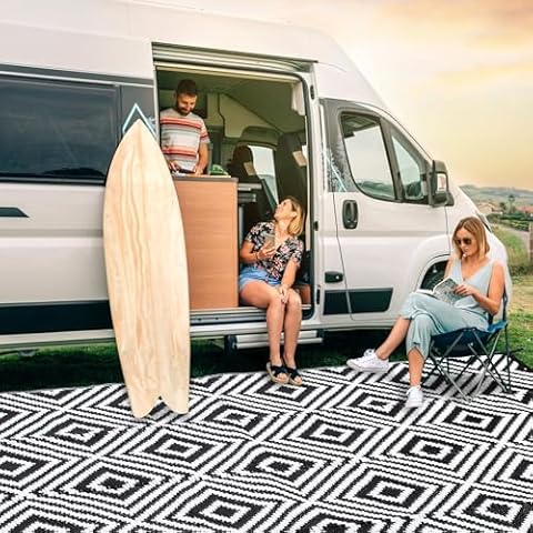 CASUNER Plastic Straw Rug, Waterproof Outdoor Rug, Reversible Plastic Camping RV Rug, Large Floor Mat and Area Rug for Camping, Patio, Backyard, Deck, Picnic, Beach (Black & White & H, 9 x 12 Feet) Cover
