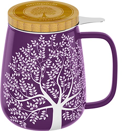 Amapodo tekopp med lock och sil - 600 ml porslin tekopp stor - jumbokopp - XXL tekopp-set lila - plastfri