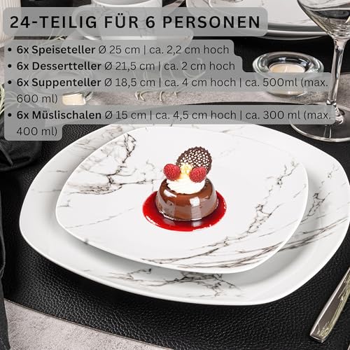 SÄNGER | Tafelservice Bilgola Marmor, 24-teiliges Geschirrset für 6 Personen mit Suppen-, Dessert-, Speisetellern & Müslischalen aus Porzellan, Teller Set, Essgeschirr, Eckig | PREMIUM COLLECTION