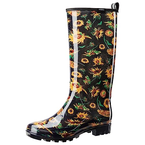 HISEA Women's Rain Boots Slim Calf Fashion Waterproof Garden Shoes Colorful Printed Rubber Boots Anti-Slipping Rainboots for Ladies Tall Knee High Outdoor Rain Shoes, Size 8 Sunflower Print Black