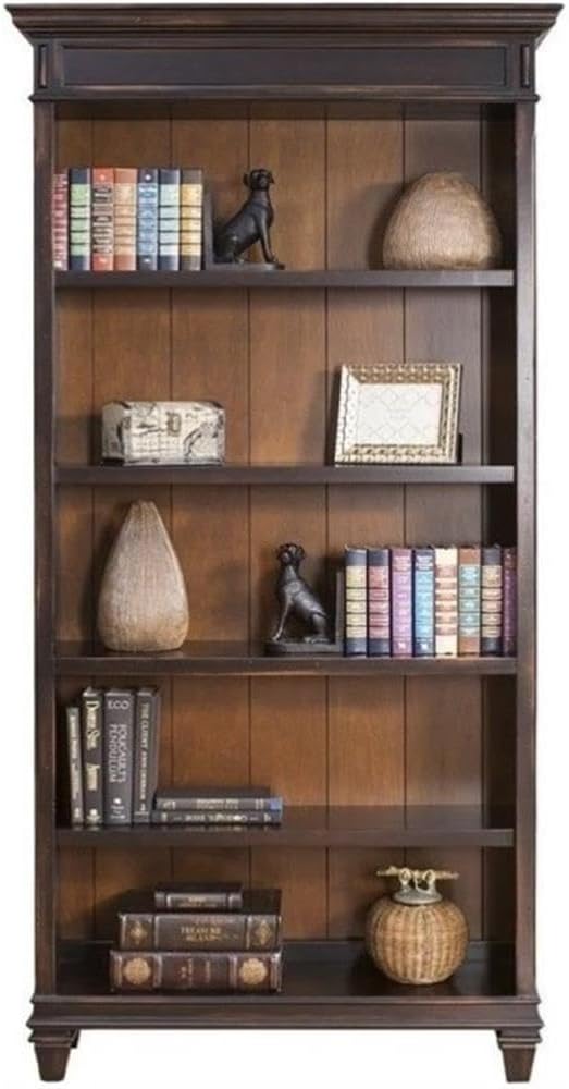 BOWERY HILL Traditional Wood Bookcase, 4 Shelves, Distressed Black Finish, 78" H x 40" W x 14" D, Adjustable Storage, Semi-Finished Back, Vintage Style Home or Office Bookshelf