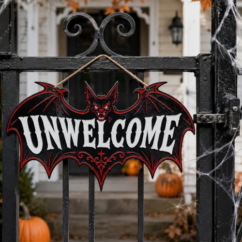 Image of Halloween Decorations - Funny Gothic Bat Wooden Sign for Front Door | Unwelcome Bat Halloween Wood Wreaths Door Sign Decor- Halloween Party Favors Supplies for Home Wall Decor Outdoor Indoor