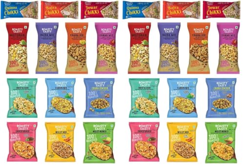 Image of Roasty Tasty Assorted Healthy Snacks & Sweets Pack of 26 | Roasted Namkeen Snack & Millet Chikki Bar Mix | Sugar Free Chikki | Palm Oil Free Lite Namkeen | Diet Namkeen Combo for Adults |