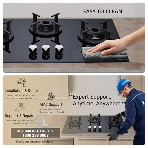 Image of Elica 75cm 3 Burner Auto Ignition Hob | RG FLEXI 375 LOTUS IND HD Brass | SABAF Brass Burners | Built-in & Freestanding | Toughened Black Glass | 10-Year Burner & 5-Year Glass Warranty