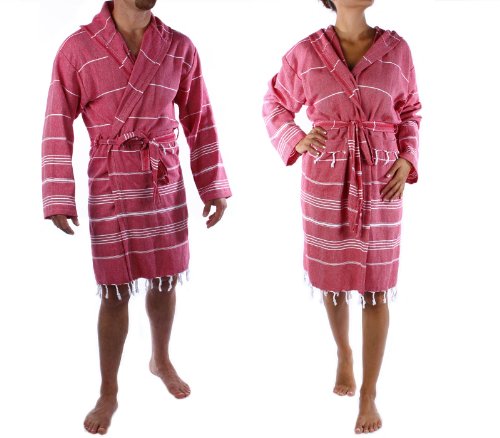 Cacala Hooded Bathrobe Pestemal Fabric 100% Turkish Cotton Kimono Unisex Red - BOR-CEP-RED-M, Small