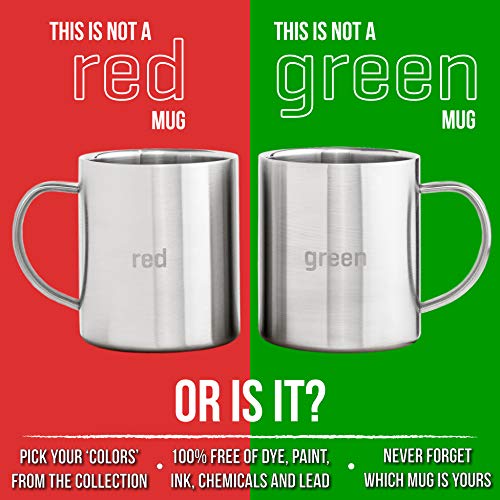 Stainless Steel Coffee Mugs - Premium Wider Handle 'Red' & 'Green' Laser Engraved 13.5 Oz Double Walled Cups - Great For Home Camping Rv Or Gift (Dishwasher Safe Set Of 2) #TOP2