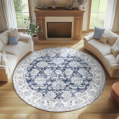 jinchan Fiora Round Rug 8ft Area Rugs Vintage Floral Distressed Design Machine Washable Non-Slip Low-Pile Ultra-Thin Circle Rug for Living Room Dining