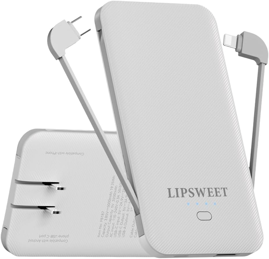 Ultra Mini 5000mAh Portable Charger Power Bank with Built-in Cables and AC Wall Plug, USB C Fast Charging Pocket Size External Battery Pack Compatible with iPhone Android Smart Phones (White)