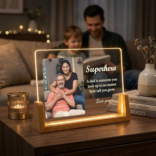 Image of Giftplease Personalized Acrylic LED Photo Frame for Dad | Customized Night LIght with Photo & Message | Warm light Wooden Base Table Lamp | Birthday, Father's Day for Father