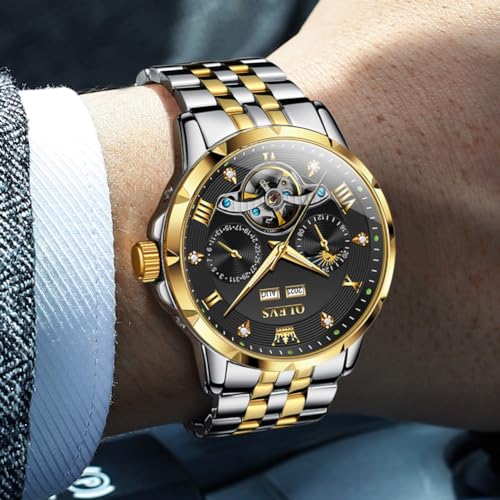 Image of OLEVS Automatic Watches for Men Self Winding Mechanical Skeleton Luxury Dress Stainless Steel Diamond Men Wrist Watches