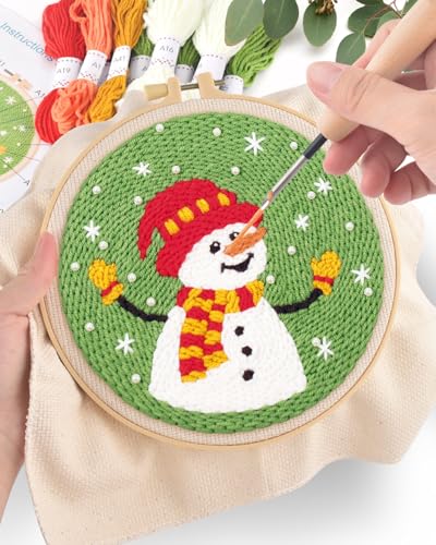 Image of ERKOON Christmas Punch Needle Kit Adults Beginners, 2 Pcs DIY Easy Embroidery Set for Starter Art Craft, Needling Punch Project with Patterns, Tools, Yarns, Hoop, Instruction (ChristmasTree & Snowman)