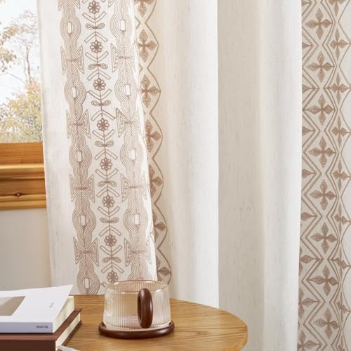 NICETOWN Thick Linen Curtains Floral Pattern Light Sand - Elegant Drapes for Living Room, Bronze Grommet Farmhouse Style Soft and Luxurious Privacy Pr