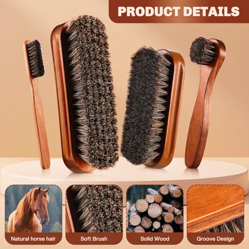 Image of 4 Pcs Horsehair Shine Shoes Brush Kit Polish Dauber Applicators Cleaning Leather Shoes Boots Care Brushes Suede Cleaner Brush with Microfiber Shoe Cloth(Brown Style A)