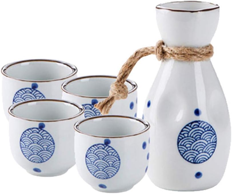 Sizikato 5pcs Blue and White Porcelain Sake Set Include 1PCS Sake Bottle and 4PCS Sake Cups
