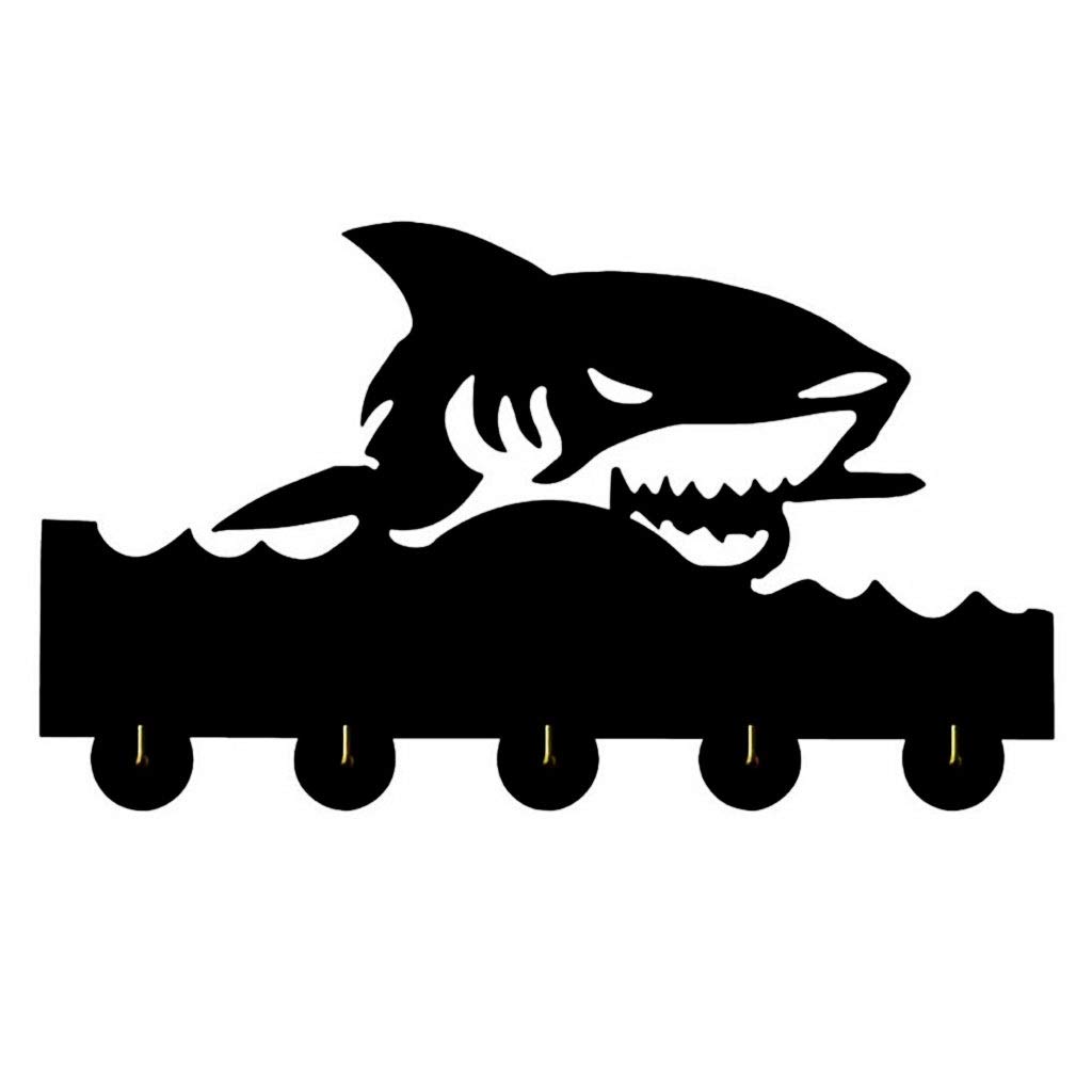 DXTFDHB Key Holder, Self Adhesive Wooden Wall Hooks, Coat Hooks, Shark Key Rack- Black