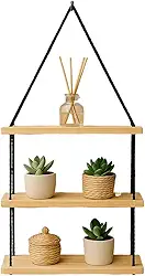 Prateleira Suspensa Estante Decorativa de Madeira Corda preta Nicho Quarto, Banheiro, Sala e Cozinha(Três Andares)