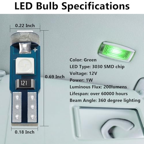 Image of ecocstm 12 PCS T5 LED Bulbs, 74 73 37 2721 Instrument Cluster Light Bulb, 12 Volt Bright Canbus Error Free LED Dashboard Light Bulb, 3030 SMD Automotive Replacement Bulbs (Green)