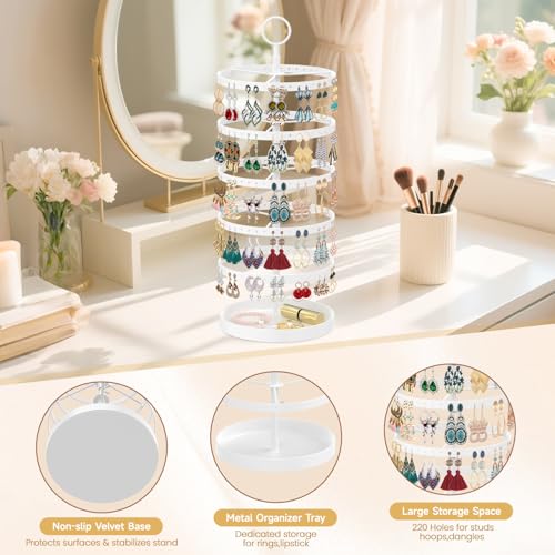 Image of MODOWEY 5 Tier Rotating Earring Holder Organizer, Adjustable Display Tree with Metal Tray, 220 Holes Jewelry Rack for Pierced Stud Hoop Dangle, Large Capacity Space-Saving Stand for Women (White)