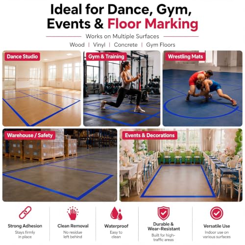 Image of Pangda 2 Rolls Dance Floor Vinyl Tape Durable Tape Splicing Strong Adhesion No Residue for Gym Dance Room Restaurants Kitchen Floor Safety Marking(Blue,36 yd X 2 in)