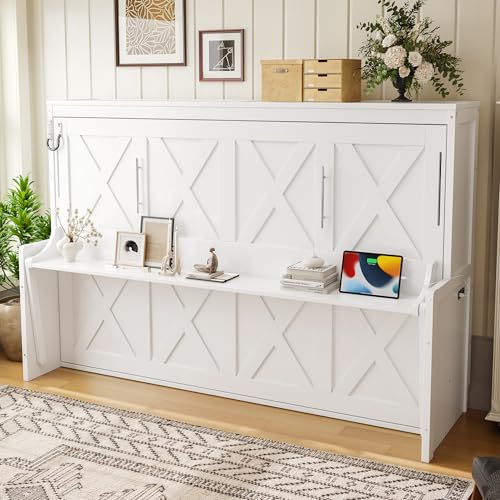 Image of KEIKI Full Size Horizontal Cabinet Murphy Bed with Desk, Solid Slats, White