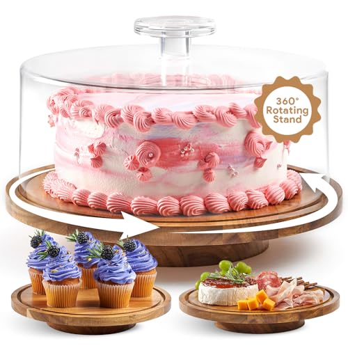 Image of HOMESPHERE Rotating Cake Stand With Lid - 12 Inch Round Cake Holder with Cover, 4 inch Tall, Acacia Wood Spinning Cake Turntable for Decorating, Display and Serving Platter, Acrylic Cake Dome, No Glass