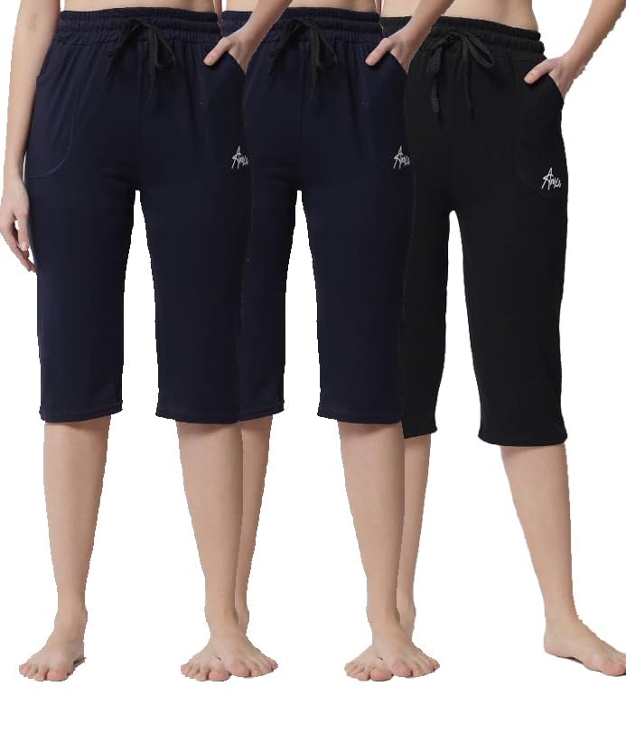 Image of Women's Cotton Capri Pants, Drawstring Waist, Knee Length, Pack of 3