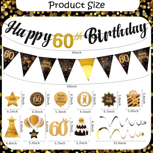 Image of Black & Gold 60th Birthday Decoration Kit - Happy 60th Birthday Decorations for Women & Men with 10PCS Hanging Swirls