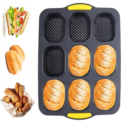 HSDLEWJ Brötchenbackform, 9 Hohlräume Antihaft Baguetteform Silikonformen, Brötchen Backblech Baguette Form Silikon für Backt Bread, Breadstick, Brötchen, Brot, Schwarz