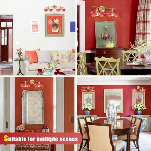 Image of 2-Light Red Floral Wall Sconce Mid Century Antique Gold Bathroom Vanity Light with Metal Base, Wall Lighting Fixture Over Mirror for Living Room Bedroom Hallway