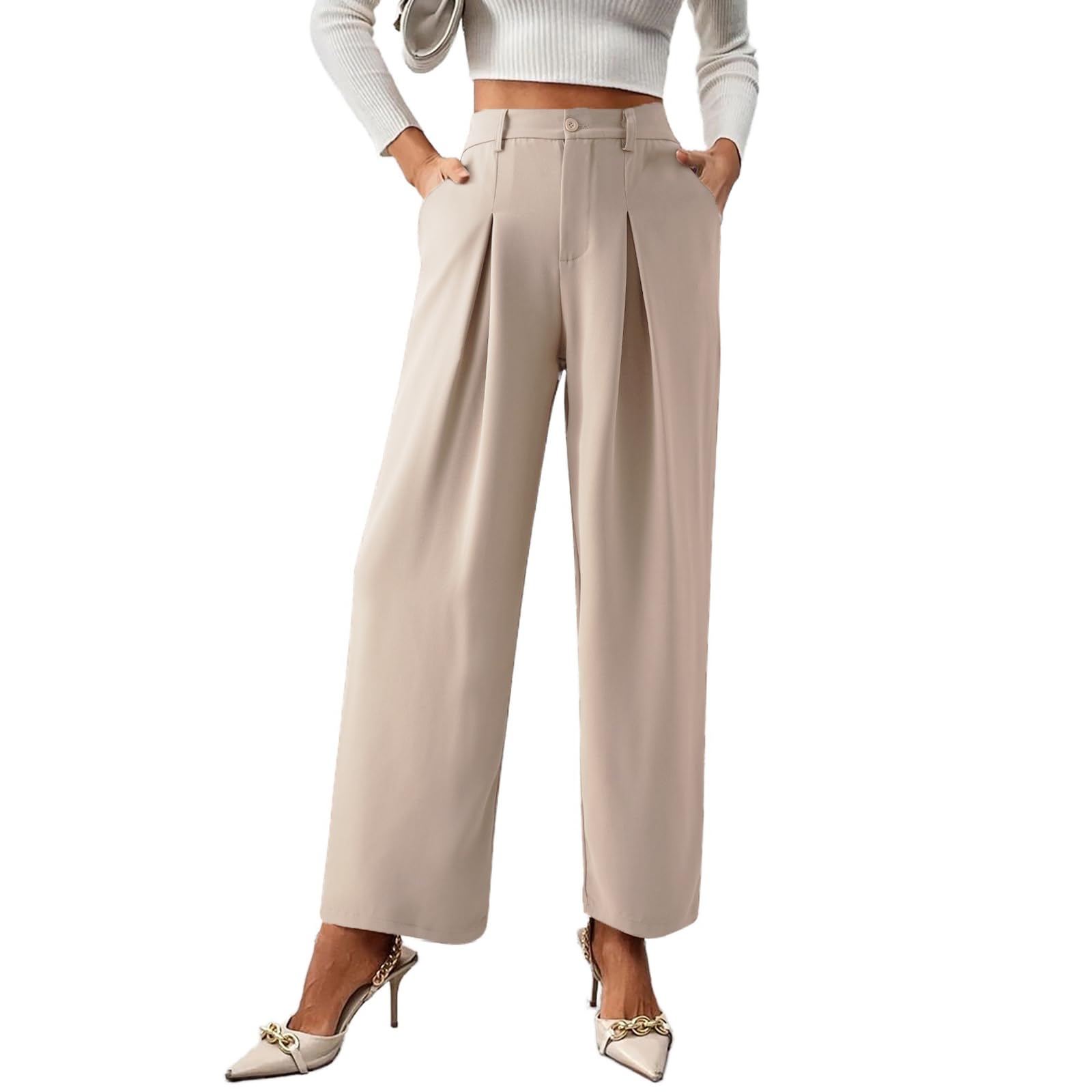 Viatabuna Womens Wide Leg Palazzo Pants Elastic High Waist Pleated Business Casual Dress Work Office Pants with Pockets