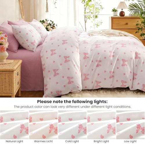 Image of Bow Duvet Cover Twin Size Pink Bows Heart Bedding Set Kids Boys Girls Love Heart Bowknot Soft Breathable Microfiber Comforter Cover Set with Zipper Closure and 1 Pillowcase (No Comforter)