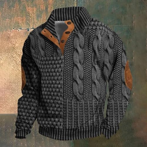 Men's Sweaters Quarter Button Down Sweatshirts Stand Collar Long Sleeve Cable Knit Sweater Vintage Casual Pullover Tops2