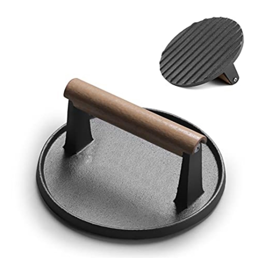 MEETOZ Cast Iron Grill Press (Wood Handle),Burger, Bacon, Grill Press,7.1-Inch by 7.1-Inch, Round Black