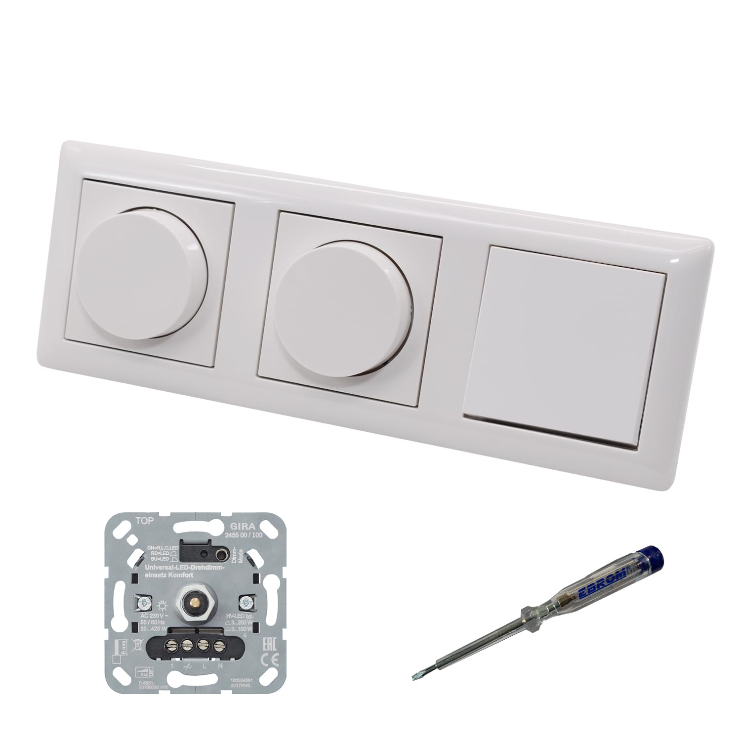 Gira 245500 - Regulador de intensidad (2 unidades, LED, discos, discos centrales 065003 y pulsador de luz 015100 en System55, color blanco brillante, incluye comprobador de fases Ebrom para montaje de