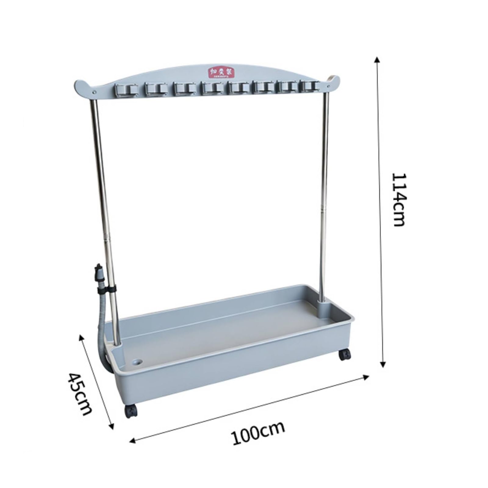 Soporte para Fregonas Estante con Cubeta Organizador con Ruedas Barra con Ranuras Marco de Acero Inoxidable con Desagüe Lateral Adecuado para Oficinas, Gris, 100cm