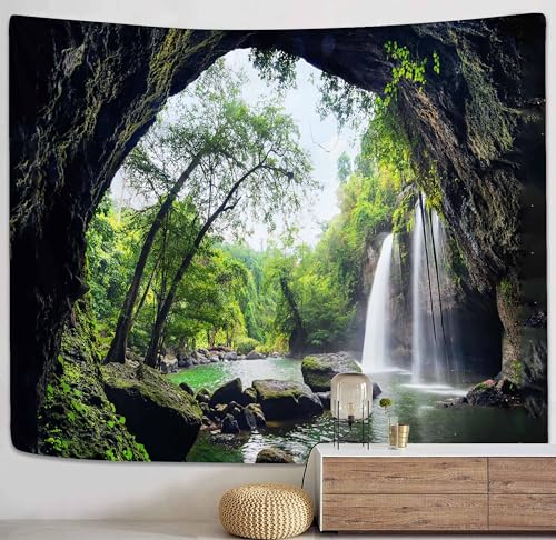 PROCIDA Mountain Cave Tapestry Forest Wall Hanging Waterfall Nature Landscape Wall Tapestry for Bedroom Living Room College Home Decorations 60' W x 40' L, Mountain Waterfall