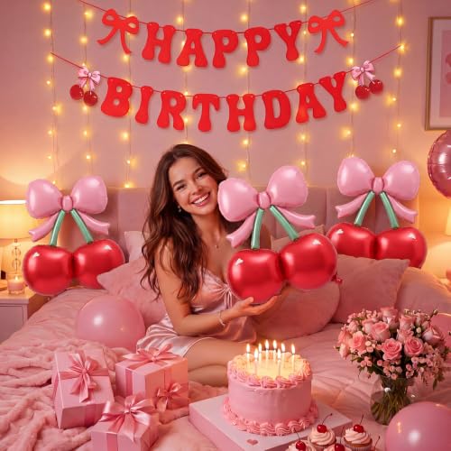 Image of Jetec 4 Pcs Cherry Birthday Decorations 3 Pink Bow Red Foil Cherries Balloons 1 Happy Birthday Pre-strung Cherry Banner for Girl Women Summer Fruit Pop up Baby Shower Decor Party Supplies