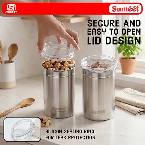 Image of Sumeet ISI Certified Stainless Steel Big Canisters /Dabba /Storage Containers for Kitchen with See Through Air Tight Lid - Set of 2 Pcs - 1100ml, 10cm Dia, Silver