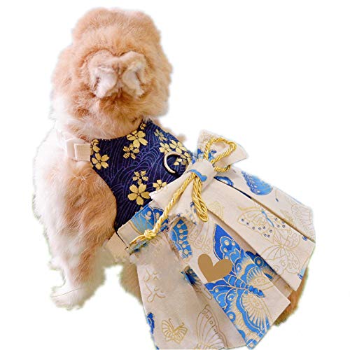 Rabbit Clothes Dress Pleated skirt with Bowknot Decor Adjustable Harness with Leash Halloween Daily Wear Rabbit Cloth for Bunny Kitten Puppy Chinchilla guinea pig (S (Chest:6.7''-14.2''), Blue)